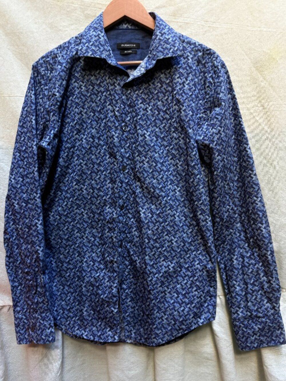 Bugatchi Men Blue Geometric 100% Cotton Shaped Fit Button Down Shirt Size